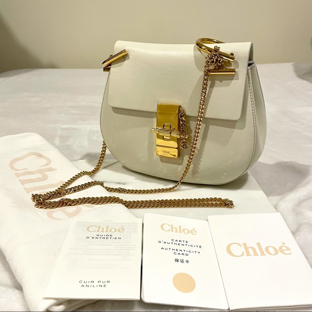 Chloé Small Drew Leather Crossbody Bag in Ivory with Gold Hardware